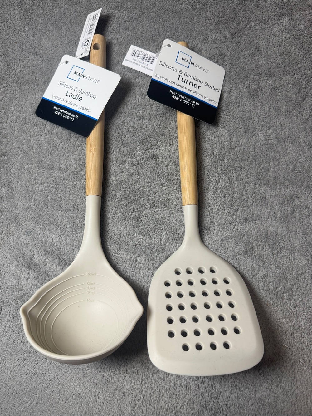 Mainstays Bamboo-Handled Cream Silicone Ladle & Slotted Turner Set